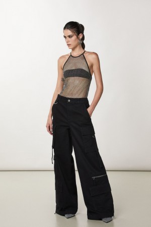 Patrizia Pepe Rhinestone Mesh Crew-neck Top Černé | 142587-SXM