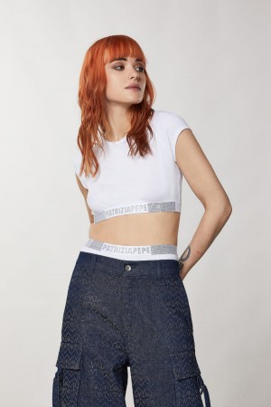 Patrizia Pepe Rib-knit Top With Rhinestones Bílé | 659278-BWM